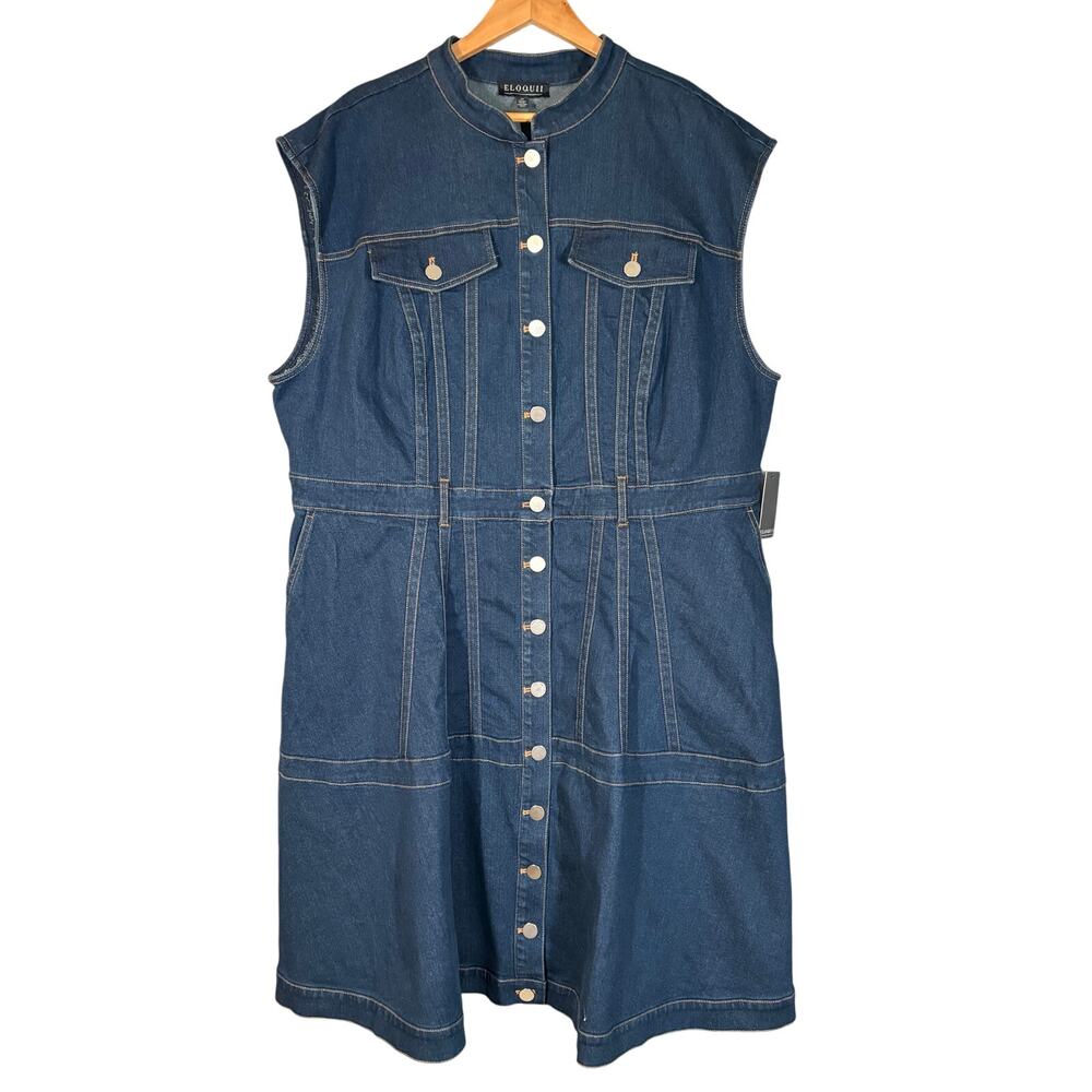 NWT ELOQUII Fit Flare Denim Midi Dress Dark Wash Stretch Casual 3X 24 Plus Curvy - Picture 3 of 11